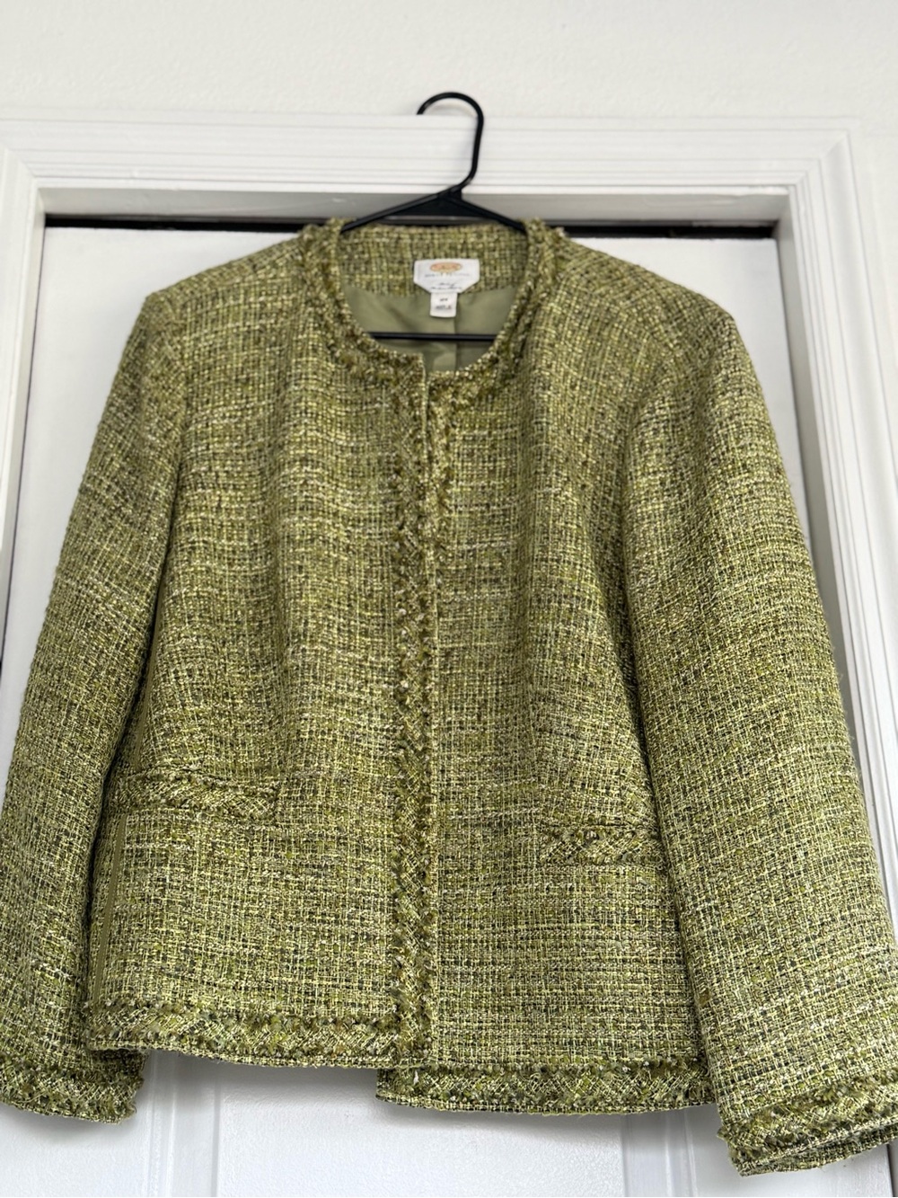 Talbots Olive Green Tweed Collarless Jacket